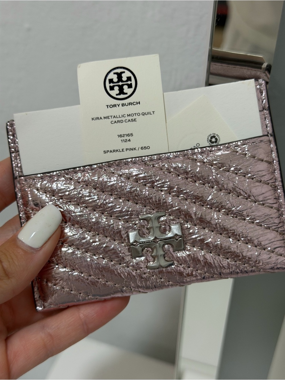 Emporio Armani Metallic Quilted Card Holder in Sparkle Pink